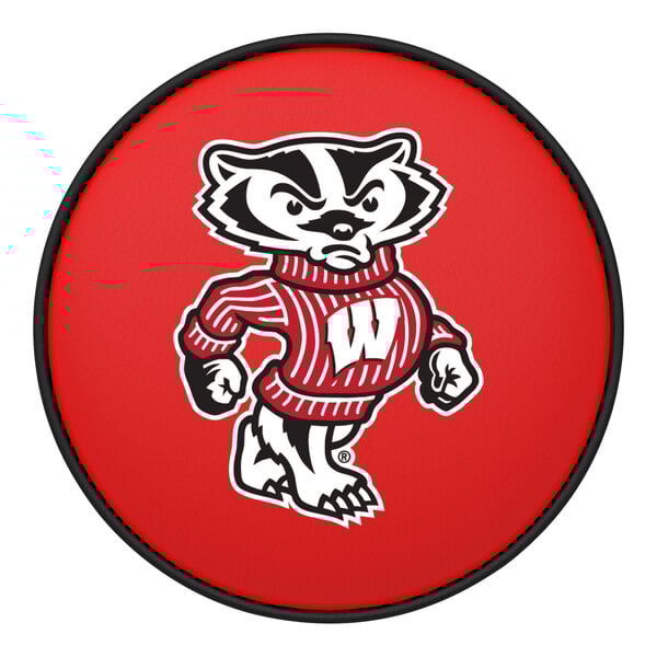A round red bar stool seat featuring the University of Wisconsin mascot logo in the center.