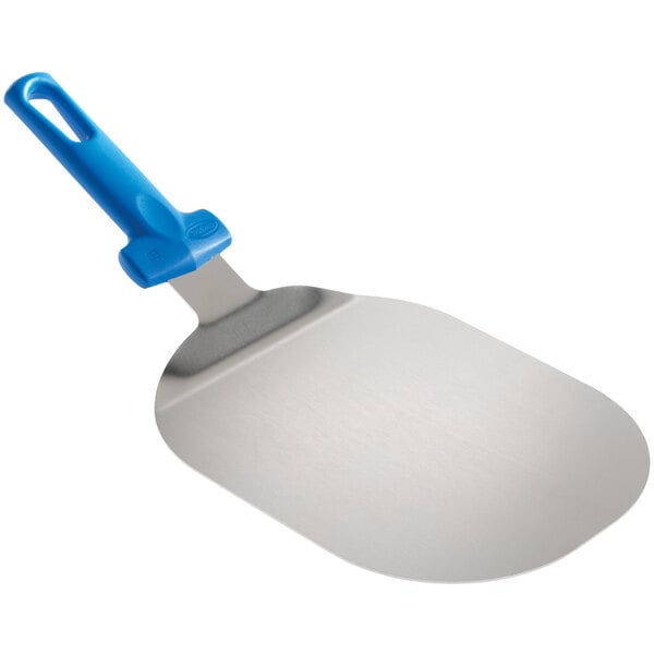 A GI Metal oval pizza server with a blue handle.