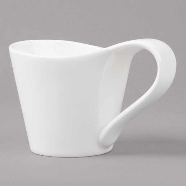 A white Bon Chef bone china espresso cup with a curved handle.