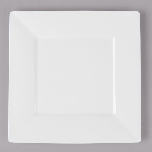 A white square Bon Chef bone china plate with a white rim.