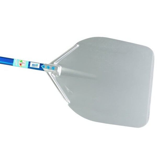A silver pizza peel with a blue handle and white tube label.
