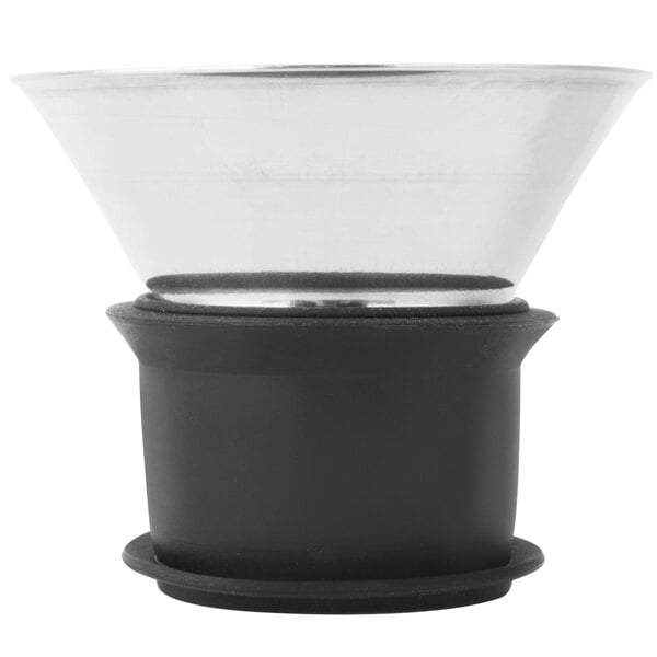 A clear glass decanter with a stainless steel lid.