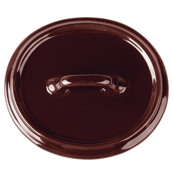 A brown Bon Chef porcelain lid with a handle.