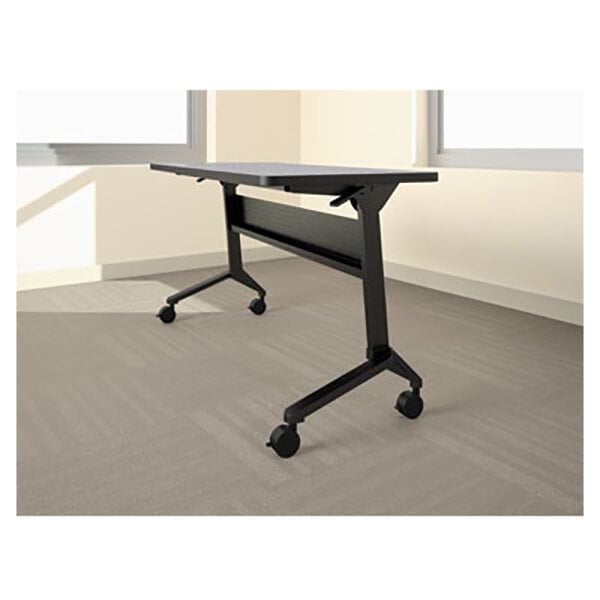 A black metal Safco Flip-n-Go seminar table base with wheels.