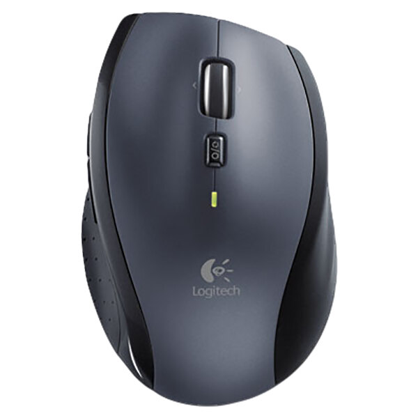 A Logitech M705 Marathon wireless laser mouse on a grey surface.