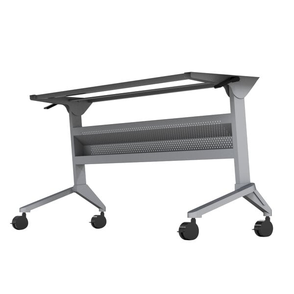 A silver steel Safco Flip-n-Go seminar table base with wheels.