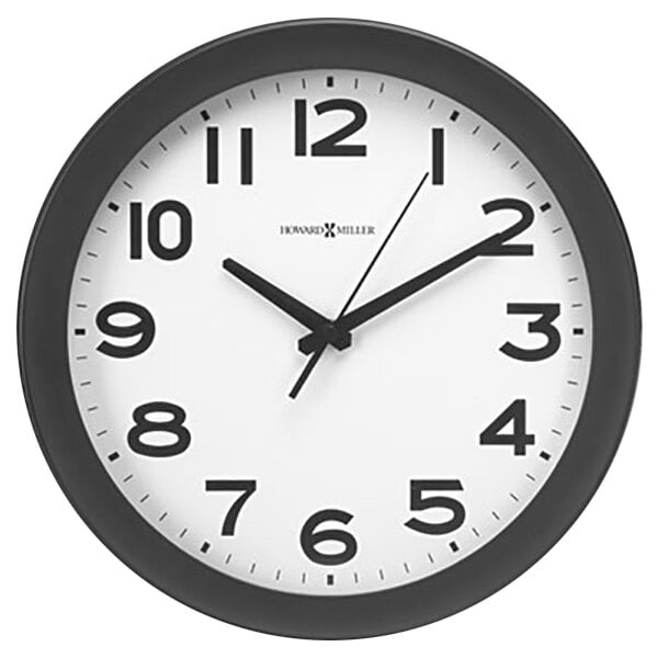 A black clock with white numbers and a black frame.