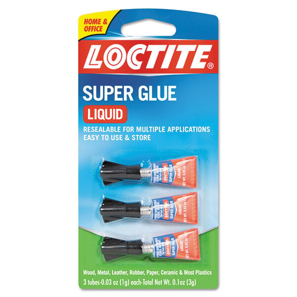 Loctite 1710908 clear liquid super glue package with 3 tubes.