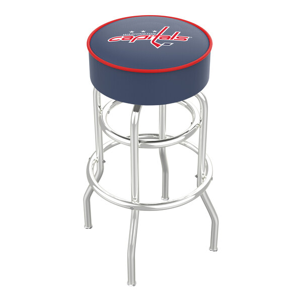 A Washington Capitals-themed swivel bar stool with a double ring chrome base and a 4-inch padded seat.