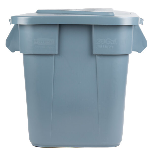 A Rubbermaid grey square trash can with a lid.