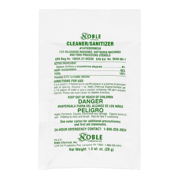 A 1 oz. packet of Noble concentrated powdered cleaner and sanitizer for soft serve ice cream machines.