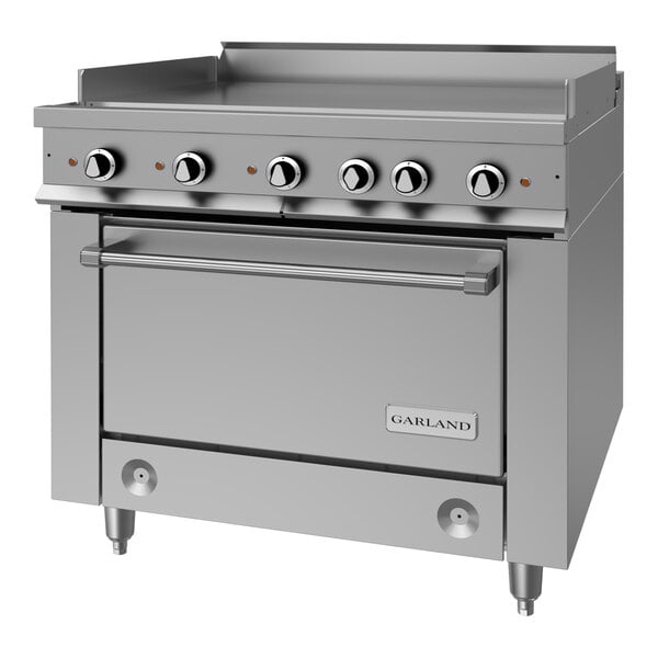 A heavy-duty stainless steel electric range with a griddle top and standard oven.