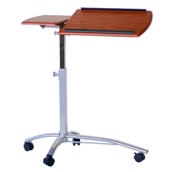 A Safco mobile laptop caddy with a wooden top and wheels.