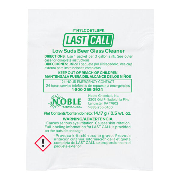 A white packet labeled 'Last Call Low Suds Beer Glass Cleaner' with green text, safety warnings, and usage instructions.