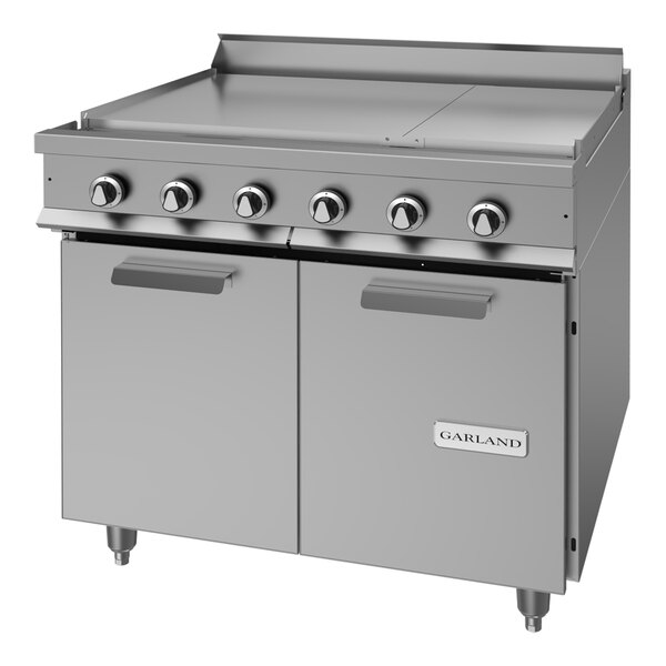 A heavy-duty electric range with six boiler top sections and a storage base.
