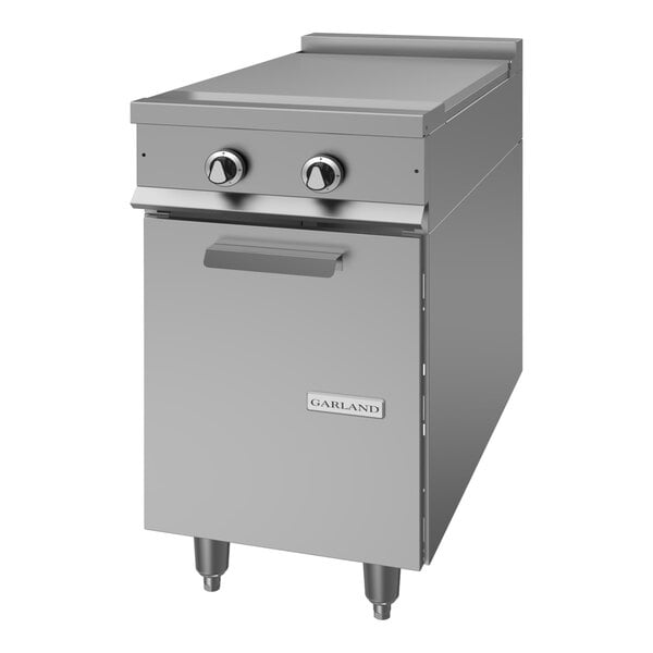 A stainless steel heavy-duty electric range attachment with two control knobs and a storage base.