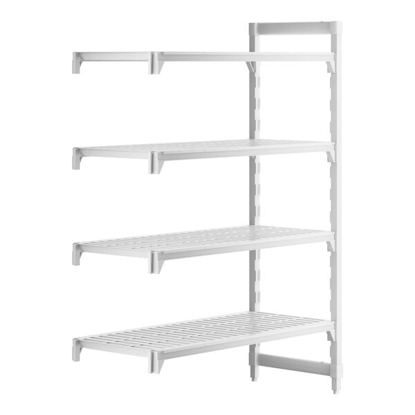 A white plastic shelf with 4 vented shelves.