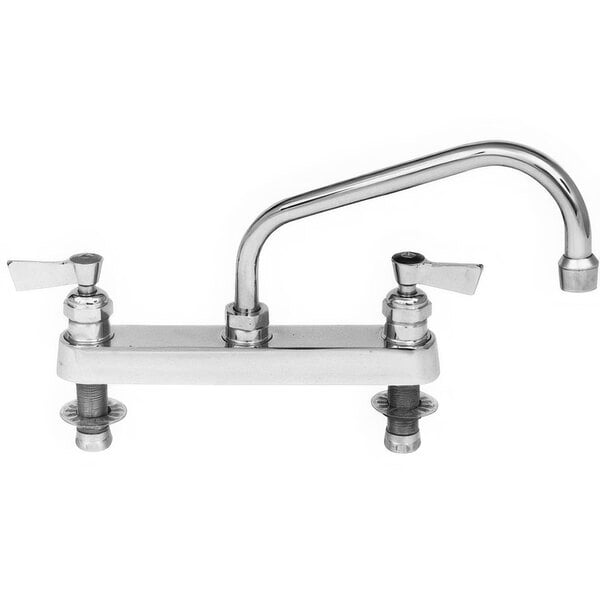 A silver Fisher deck-mounted faucet with two handles.