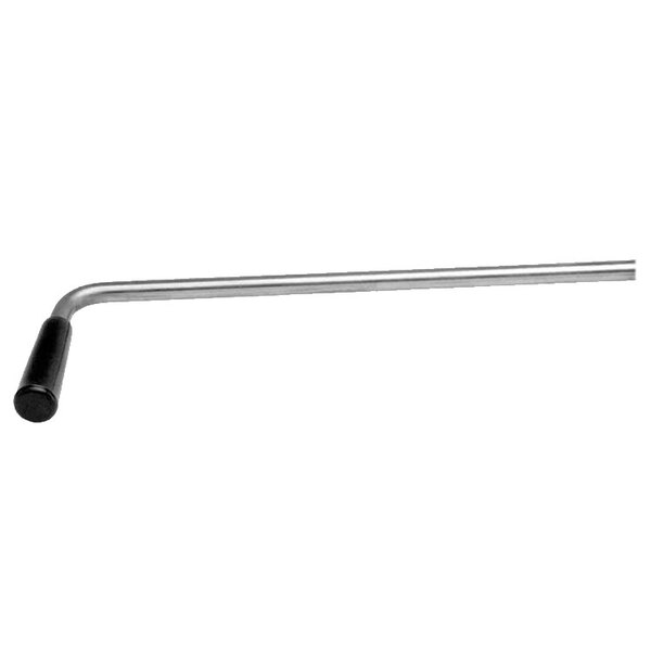 A long metal bar with a black handle on a white background.