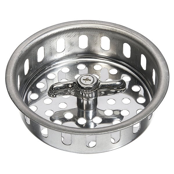 A Fisher stainless steel basket strainer with a metal handle.