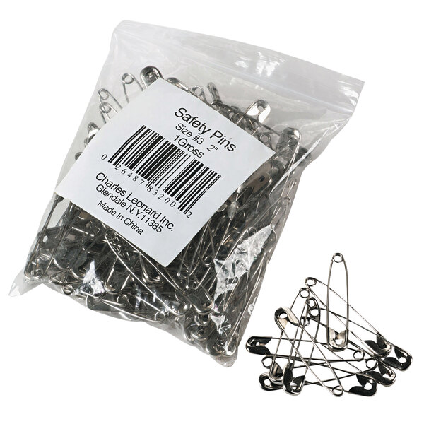 A bag of Charles Leonard nickel-plated steel safety pins.