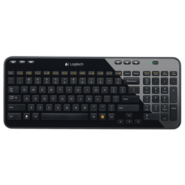 A black Logitech K360 wireless keyboard with grey keys and white text.