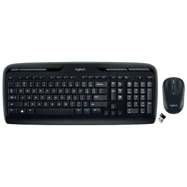A black Logitech wireless keyboard and mouse.