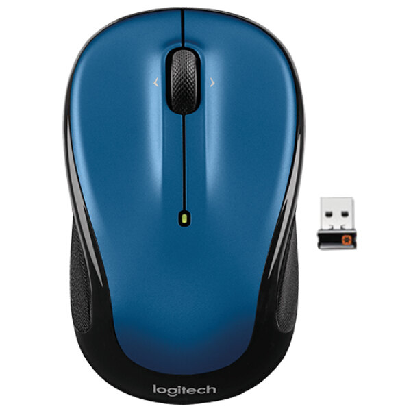 A Logitech M325 blue and black wireless computer mouse with black buttons.