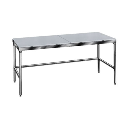 A rectangular white poly top work table with a metal frame.