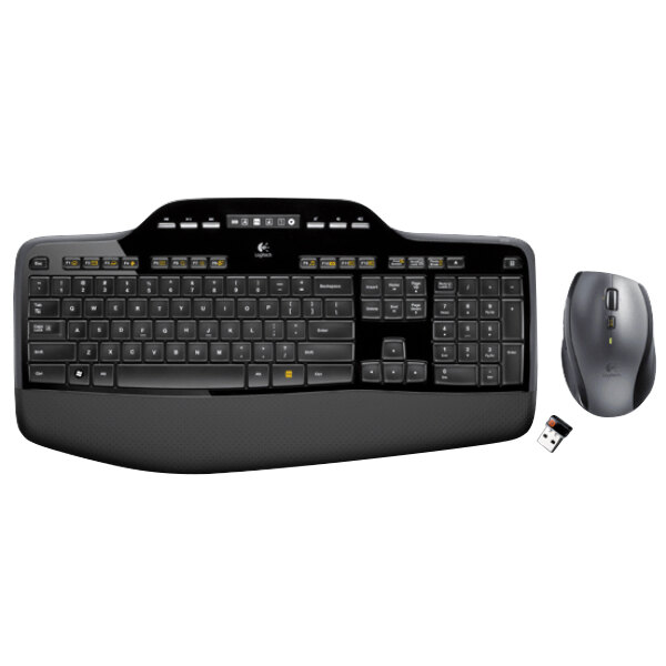 A black Logitech wireless keyboard and mouse.