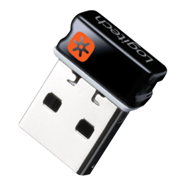 A close-up of a black Logitech USB stick with white text and an orange logo.