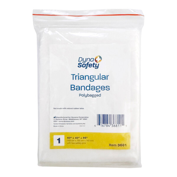 A package of Dyna Safety triangular bandages, polybagged and intended for first aid use.