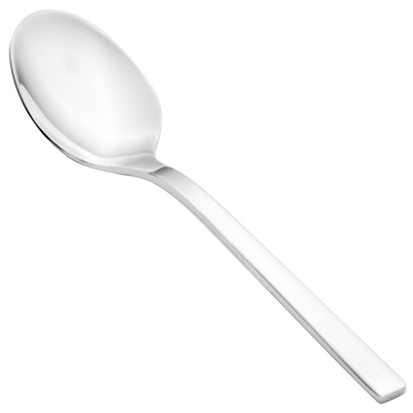 A close-up of a Walco stainless steel demitasse spoon with a silver handle.