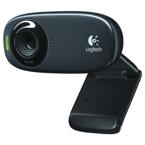 A close-up of a Logitech C310 HD webcam with a black plastic stand.