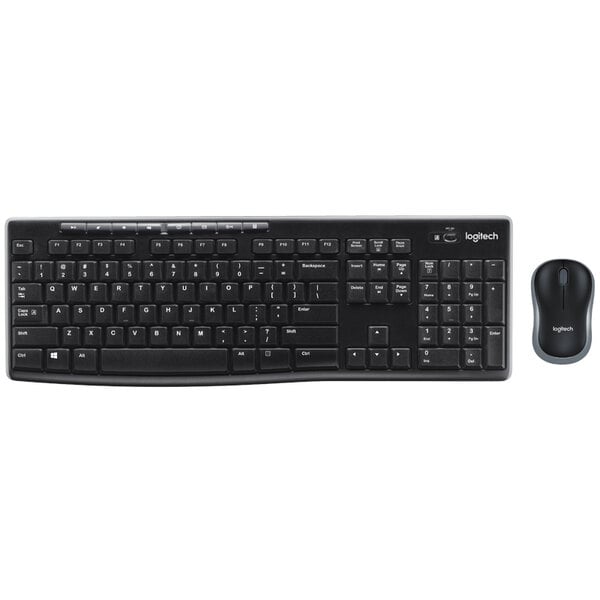 A black Logitech wireless keyboard with white letters and a black and grey computer mouse.