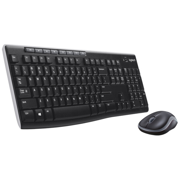 A black Logitech wireless keyboard and mouse set.