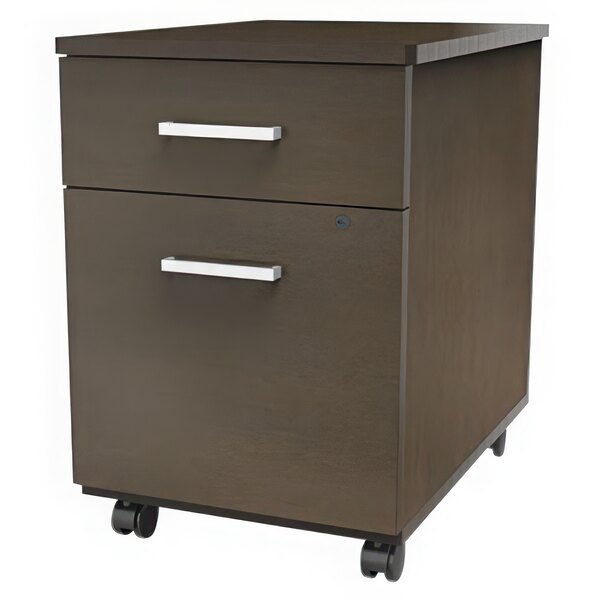 A brown mobile file pedestal cabinet with wheels.