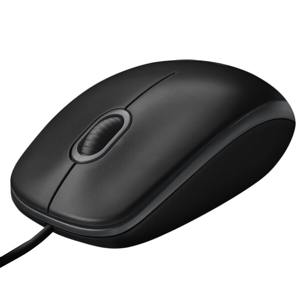 A Logitech B100 black wired computer mouse.