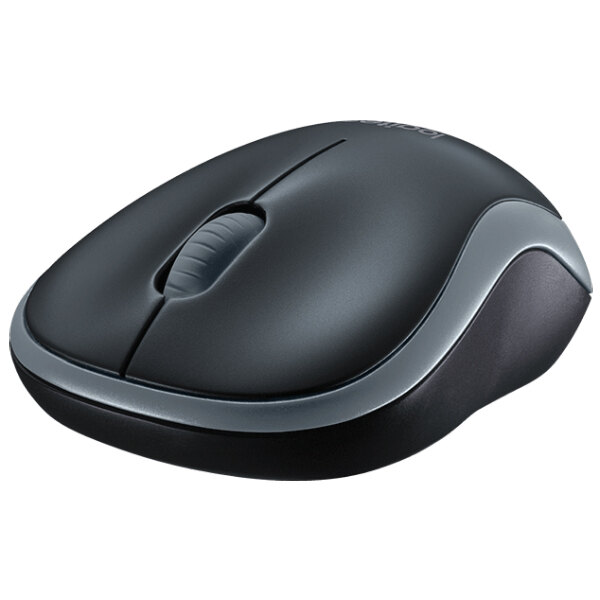 A close-up of a black and grey Logitech M185 wireless computer mouse.
