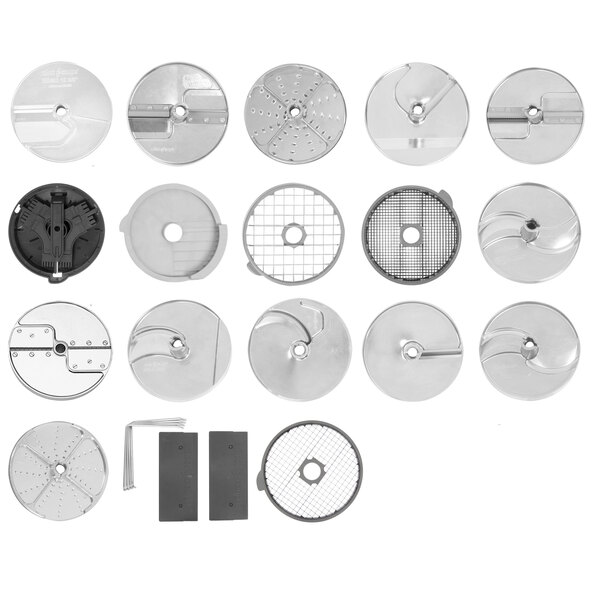 A Robot Coupe 16 disc set with circular metal discs and a circular metal grid with holes.