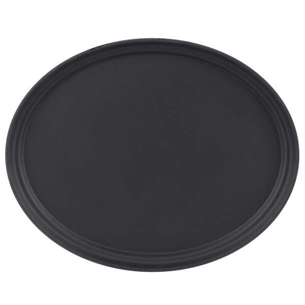 A black oval Cambro non-skid serving tray with a black rim.
