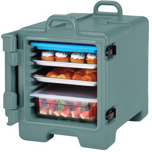 A slate blue Cambro front loading tray and food pan carrier full of food.