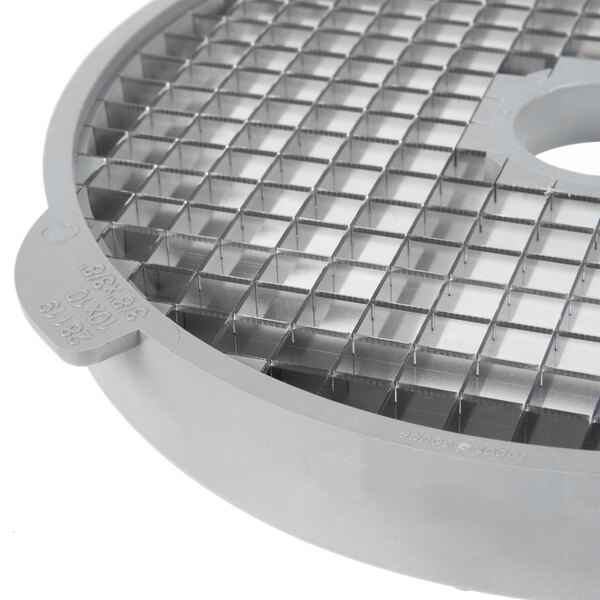 A grey plastic grid with small square holes on top of a grey plastic container.