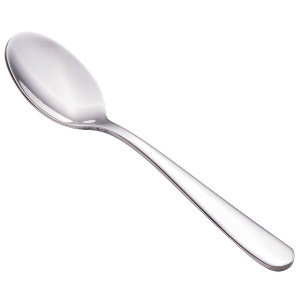 A close-up of a Walco stainless steel demitasse spoon with a silver handle.