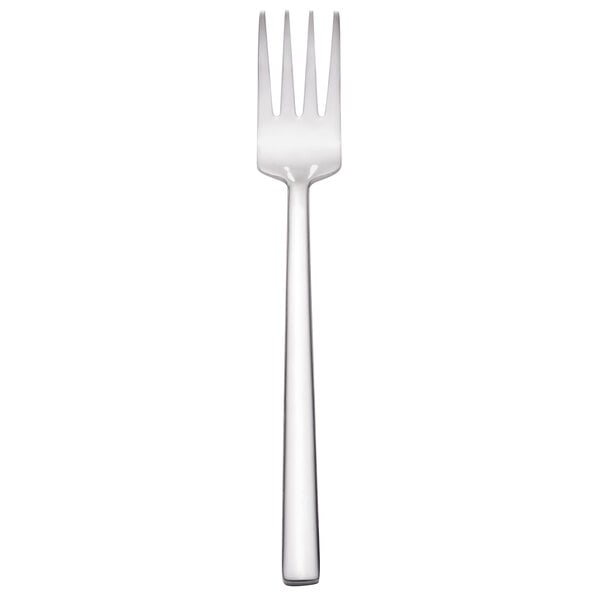 A silver fork with a black handle on a white background.