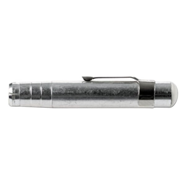 A silver aluminum Charles Leonard chalk holder with a black clip.