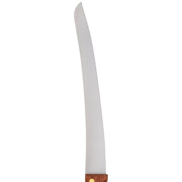 A Mercer Culinary bread knife with a wavy edge and a rosewood handle.