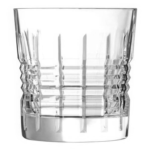 A clear glass with a curved design.