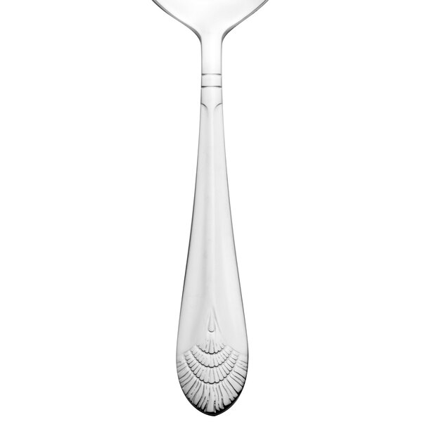 A Walco stainless steel bouillon spoon with an Art Deco design on the handle.