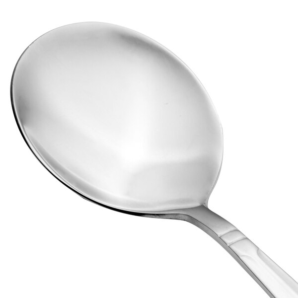 A close-up of a Walco stainless steel bouillon spoon with a silver handle.